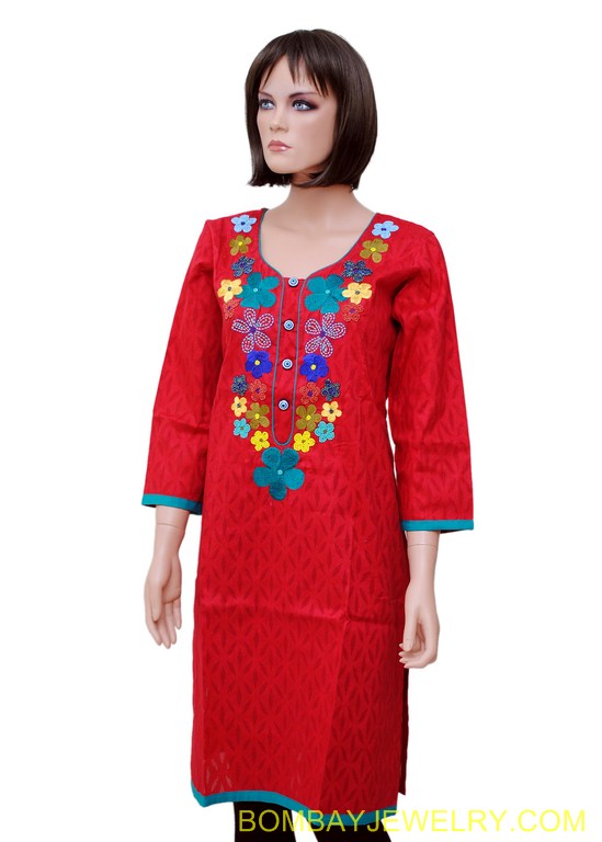 red kurti with multicolour work