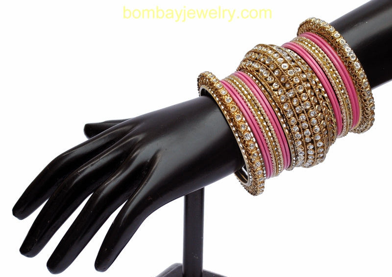 White Stone Studded pink And Golden Bangles-XL