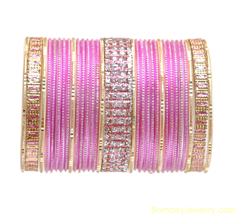 White Stone Studded pink And Golden Bangles-L