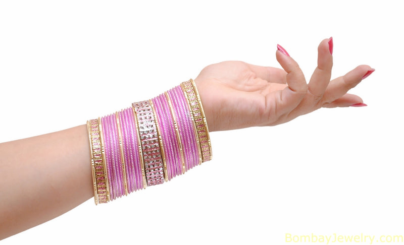 White Stone Studded pink And Golden Bangles-L
