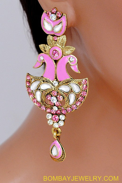goldplated pink and white peacock earring