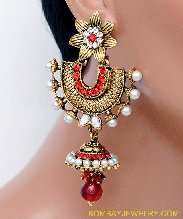 goldplated red and white diamond and pearl earring