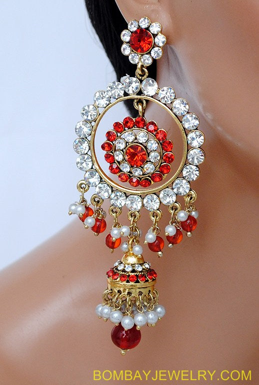 GOLDPLATED RED AND WHITE DIAMOND JHUMI EARRING
