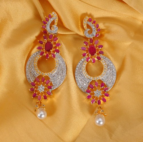 Goldpolish ruby red and white diamond Earring-2687