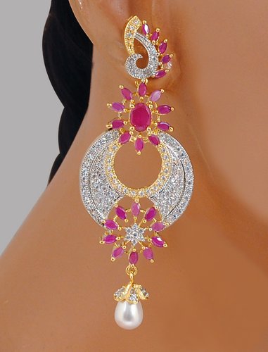 Goldpolish ruby red and white diamond Earring-2687