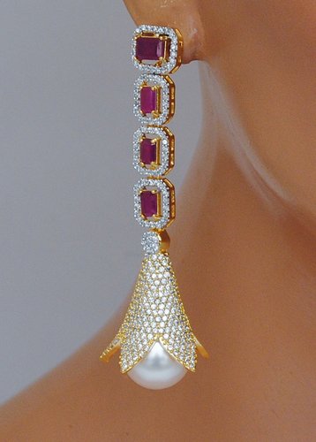Goldpolish ruby red and white earring-2779