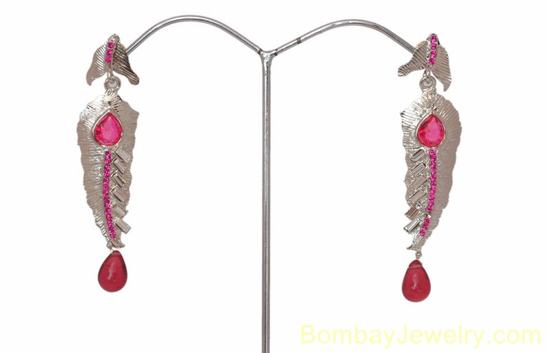 silverplated leaf style fusicha pink diamond earring