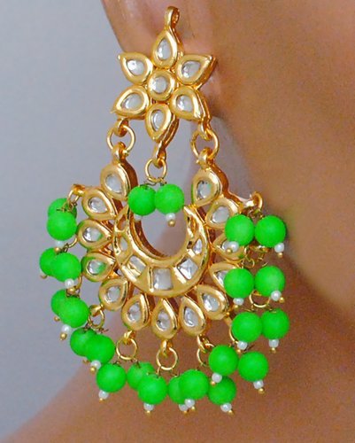 Goldpolish neon green and white kundan earring with tikka-1210
