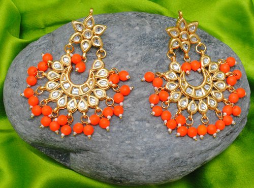 Goldpolish orange  earring with tikka-1211