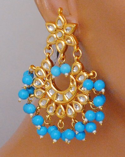 Goldpolish aqua blue and white kundan earring with tikka-1213