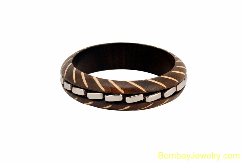 dark brown wood bangle with silver studded