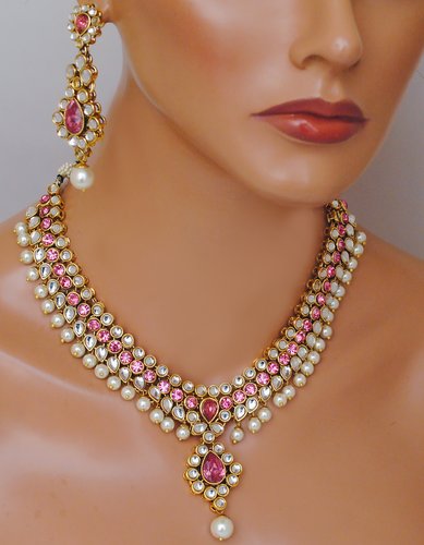Goldpolish pink and white kundan set-2191