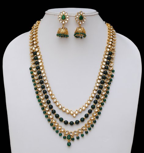 Goldpolish emerald green and white kundan set-2205