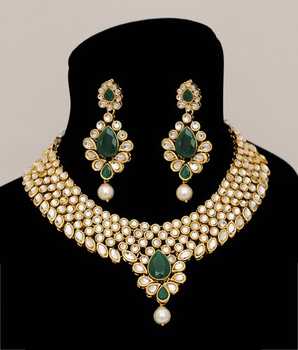 Goldpolish emerald green and white kundan set-2221
