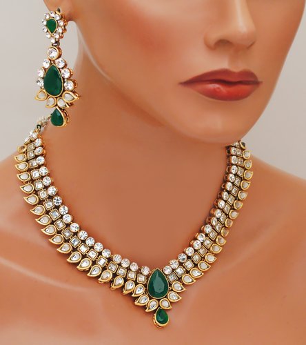 Goldpolish emerald green and white kundan set-2237