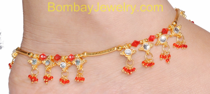 Golden kundan Anklets With Red Beads