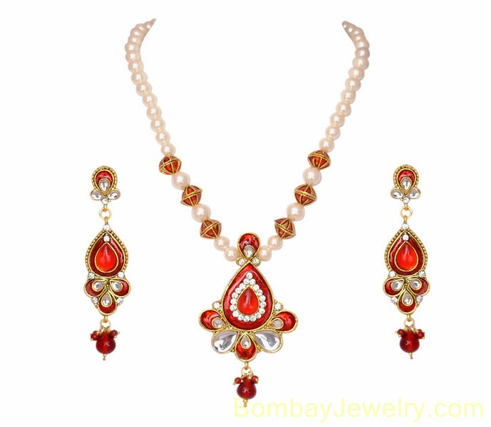 goldplated red and white pearl pendent set