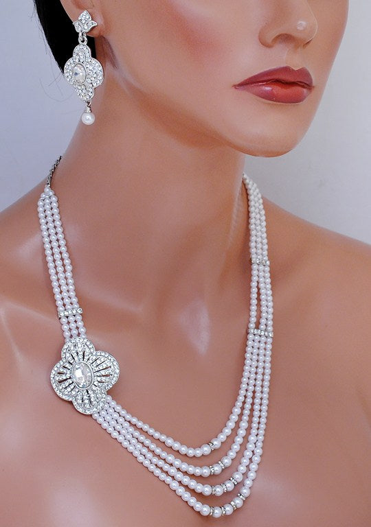 silverplated white diamond and pearl set