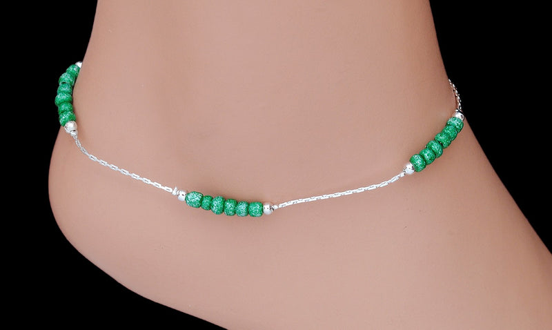 Silverpolish green beeds anklet-112