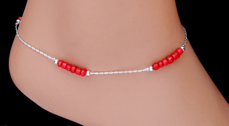Silverpolish red beads anklet-120
