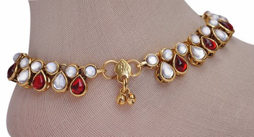 Deep red and white kundan anklet-1205