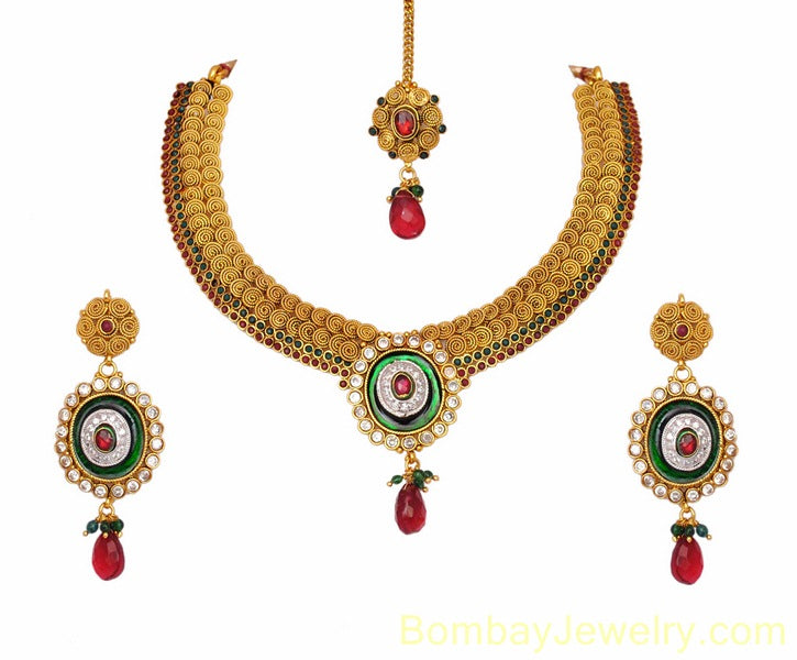 goldplated marron, green and blue polki set