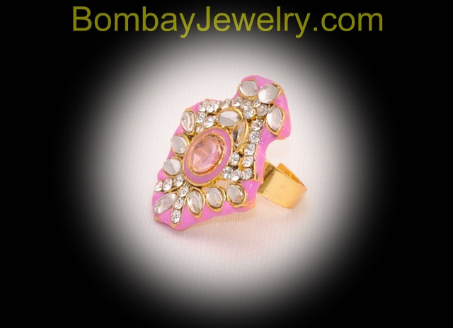 Stone Studded Pink Kundan Ring