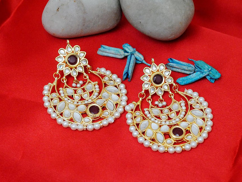 Goldpolish maroon and white kundan earring-2247