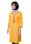 yellow beautiful cotton kurti with thread work