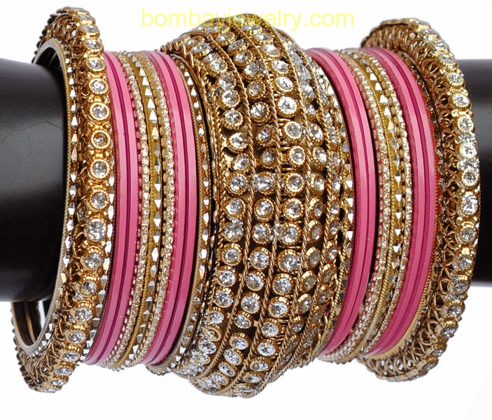 White Stone Studded pink And Golden Bangles-XL