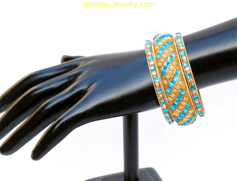 Goldplated BanglesSet Of 3 With Aqua Blue Stones-Small