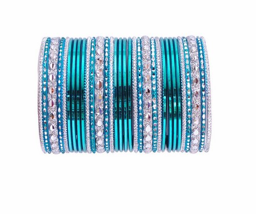 Turquoise green and silver bangle set-2214