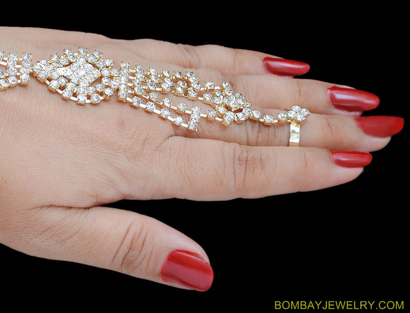 goldplated white diamon hand ring bracelet- each
