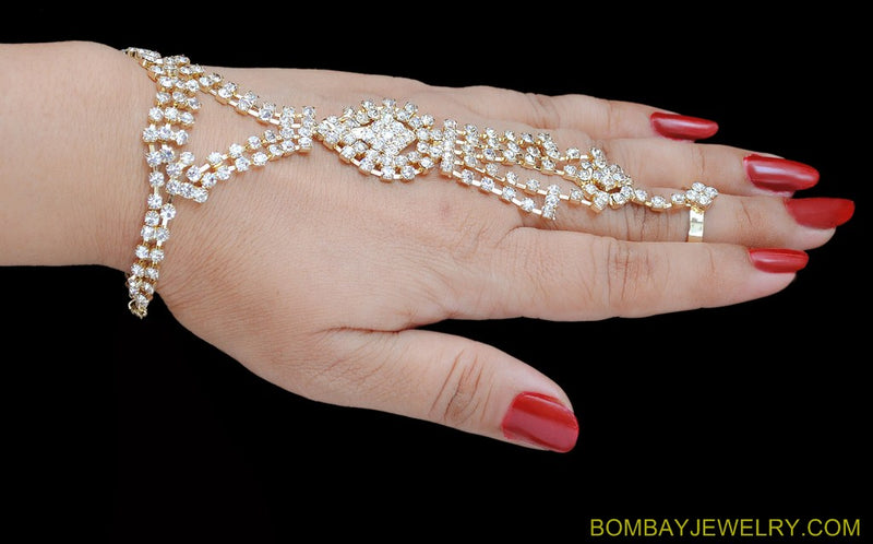 goldplated white diamon hand ring bracelet- each