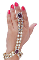 Goldpolish maroon and white kundan hand ring bracelet-098