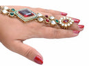 Goldpolish maroon, green and white kundan hand ring bracelet-1439