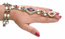 Goldpolish maroon, green and white kundan hand ring bracelet-1439
