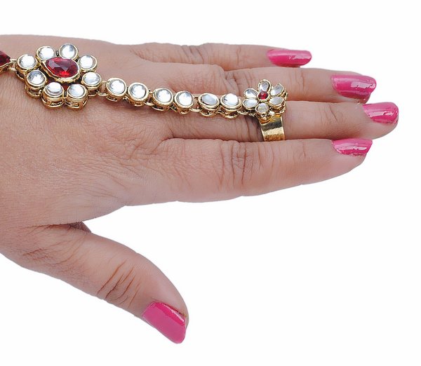 Goldpolish maroon and white hand ring bracelet-1452