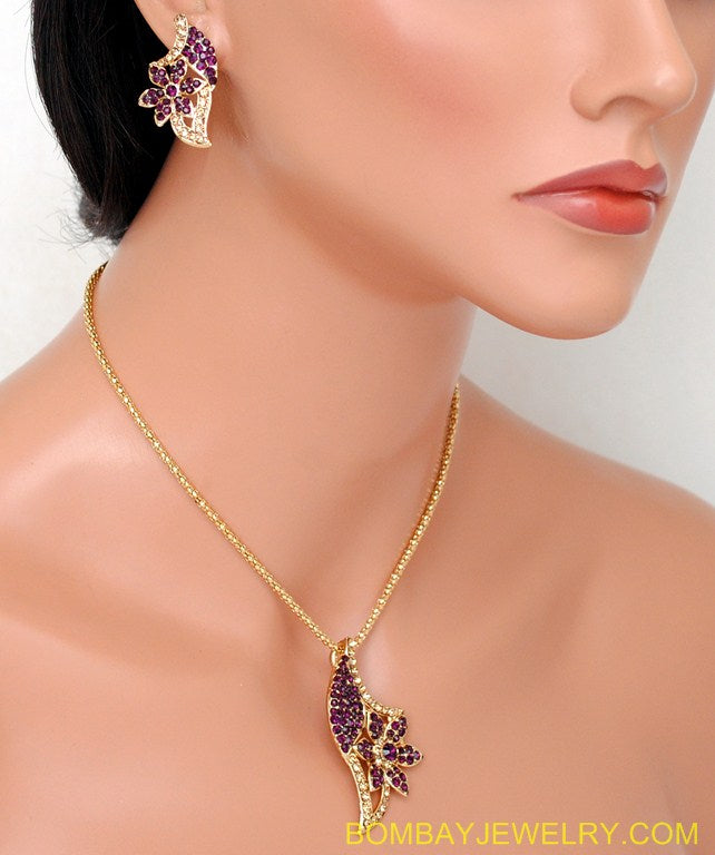 GOLDPLATED PURPLE AND GOLDEN DIAMOND PENDENT SET