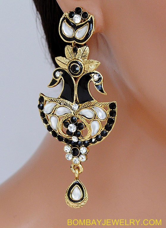 goldplated black and white peacock earring