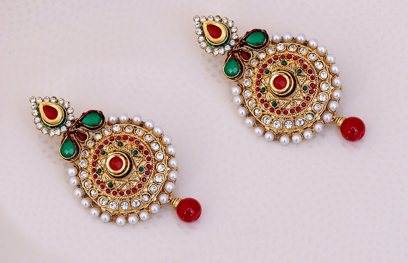 Gold polish maroon, green and white pearl and polki earring-18