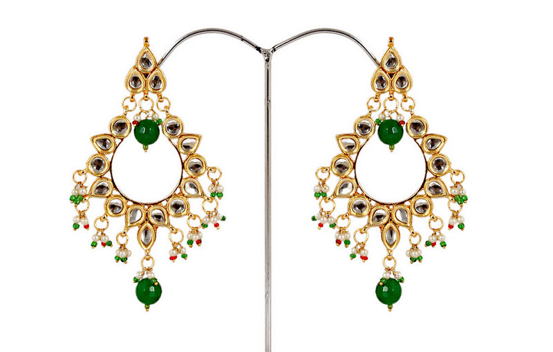 goldpolish green and white kundan earring-114