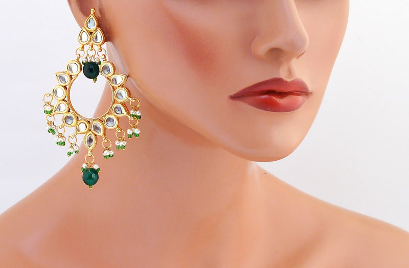 Goldpolish green and white kundan earring-120