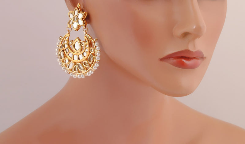 Goldpolish white kundan and pearl earring-2202