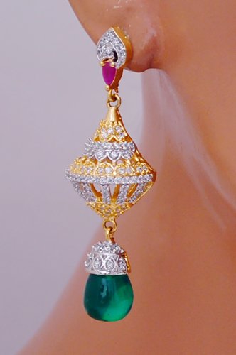 Goldpolish ruby , green and white earring-2553