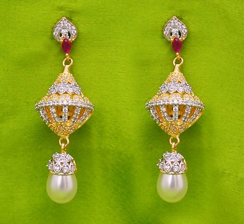 Goldpolish ruby red and white earring-2554