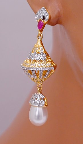 Goldpolish ruby red and white earring-2554