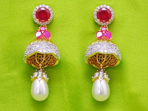 Goldpolish ruby red and white earring-2556