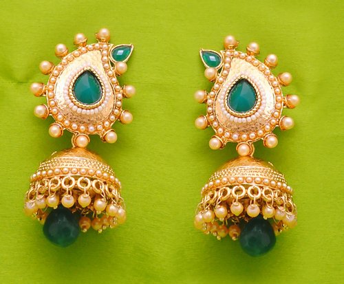 Goldpolish green and white jhumi earring-2600