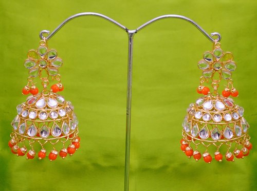 Goldpolish orange and white kundan earring-2629